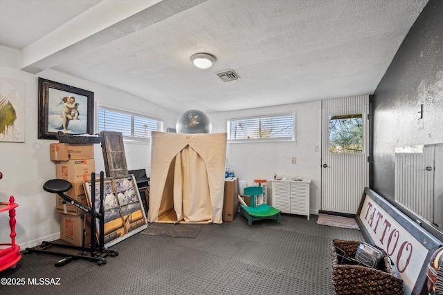 interior space with a wealth of natural light and a textured ceiling