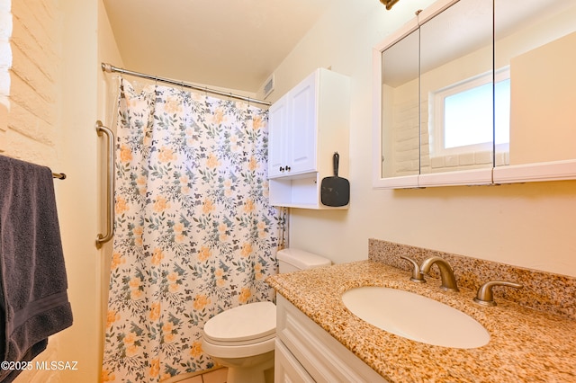 bathroom featuring vanity, a shower with shower curtain, and toilet