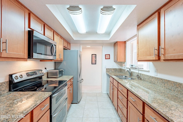 kitchen featuring stainless steel appliances, a raised ceiling, a sink, and light stone countertops