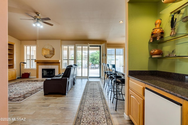 living room featuring light wood-type flooring, a healthy amount of sunlight, and a tiled fireplace