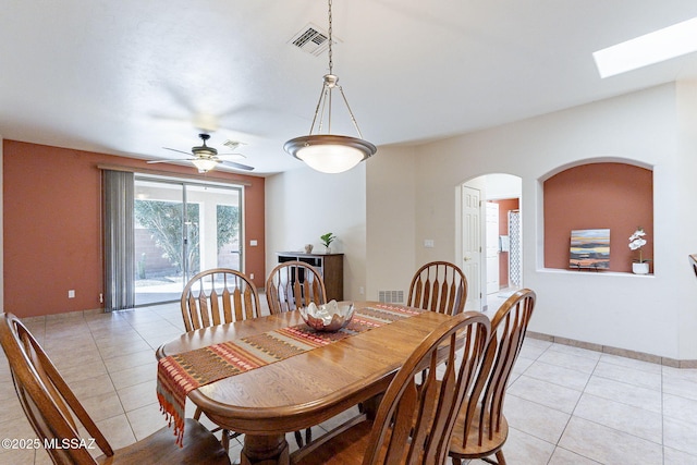 dining room featuring baseboards, visible vents, a ceiling fan, and light tile patterned flooring