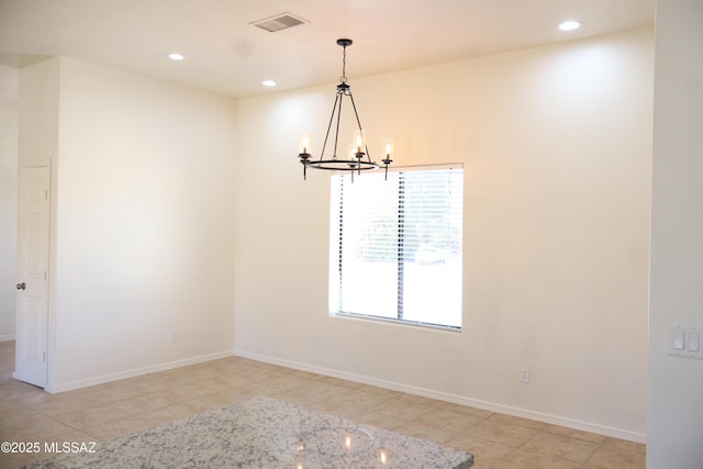 unfurnished dining area featuring a chandelier, recessed lighting, visible vents, and baseboards