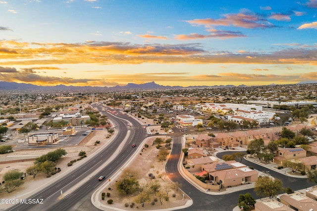 aerial view at dusk with a mountain view