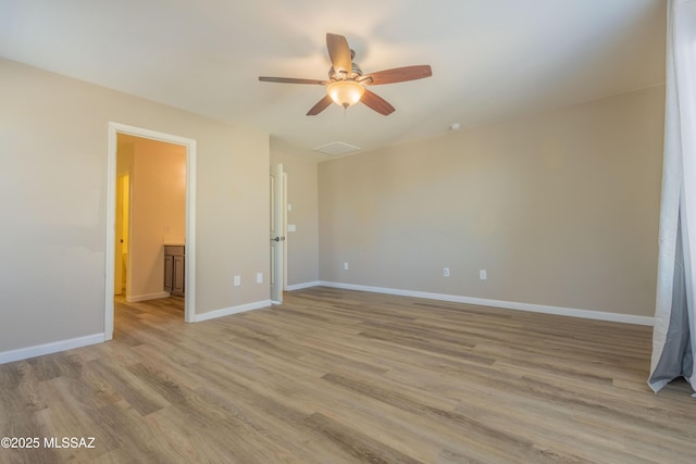 unfurnished bedroom with ceiling fan and light hardwood / wood-style floors