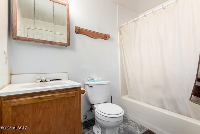 full bathroom featuring vanity, shower / bath combination with curtain, and toilet