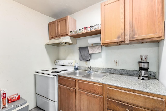 kitchen featuring open shelves, a sink, light countertops, electric stove, and under cabinet range hood