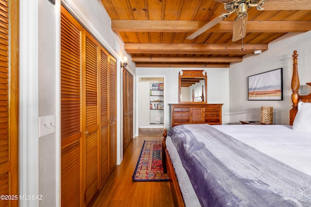 bedroom with wood finished floors, wood ceiling, and beam ceiling
