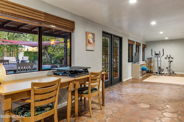 dining room featuring recessed lighting, french doors, and baseboards