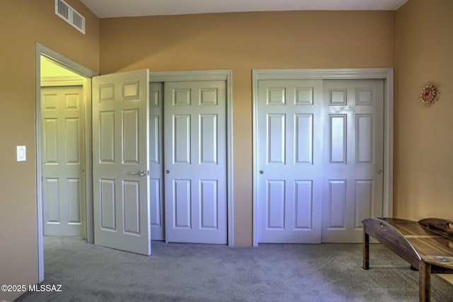 carpeted bedroom with multiple closets