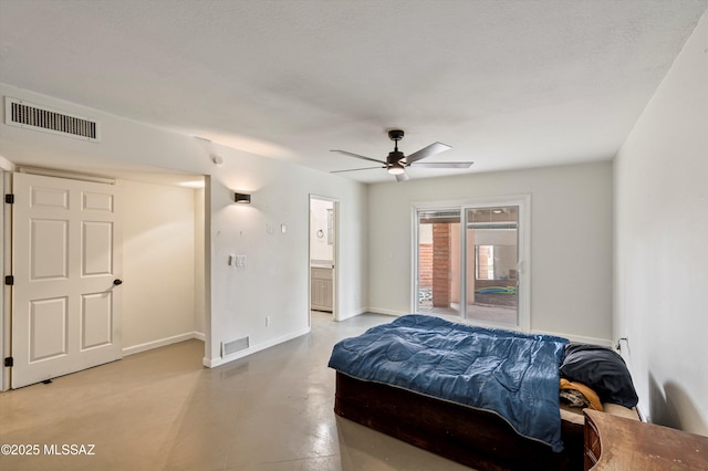 bedroom with ceiling fan, access to exterior, and concrete floors