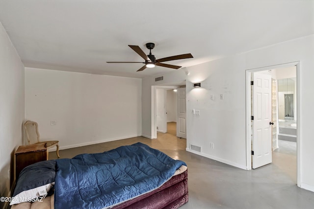 bedroom featuring concrete floors and ceiling fan