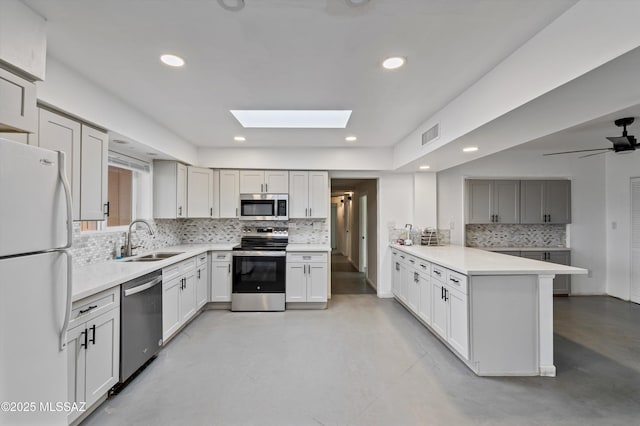 kitchen with a skylight, sink, backsplash, kitchen peninsula, and stainless steel appliances