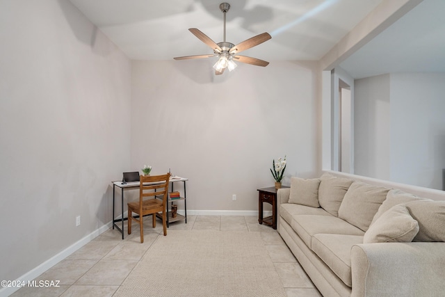 living room with light tile patterned flooring and ceiling fan