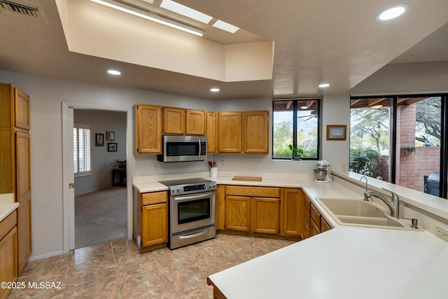 kitchen featuring appliances with stainless steel finishes, a skylight, and sink