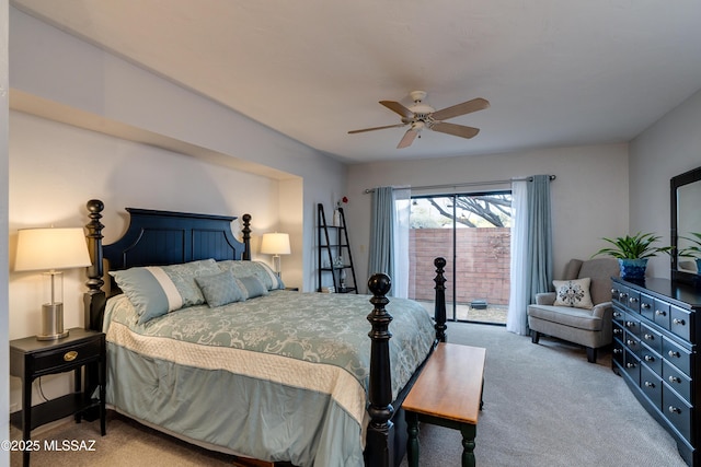 carpeted bedroom with access to outside and ceiling fan