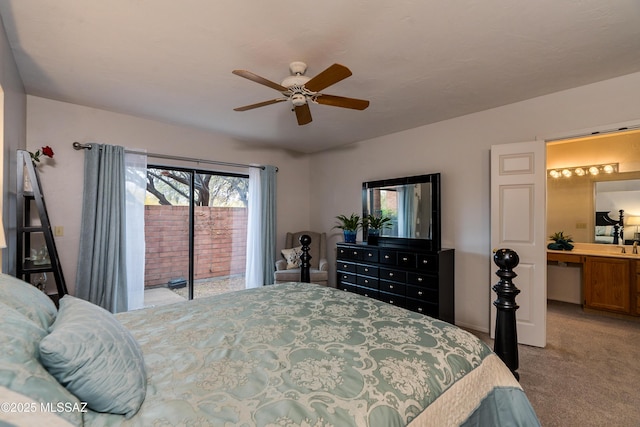 bedroom featuring ceiling fan, light colored carpet, and access to outside