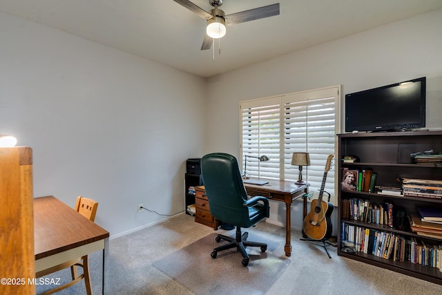 home office with light colored carpet and ceiling fan