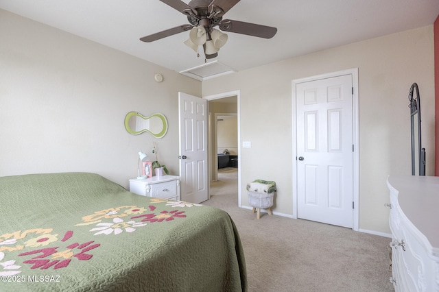 carpeted bedroom with ceiling fan