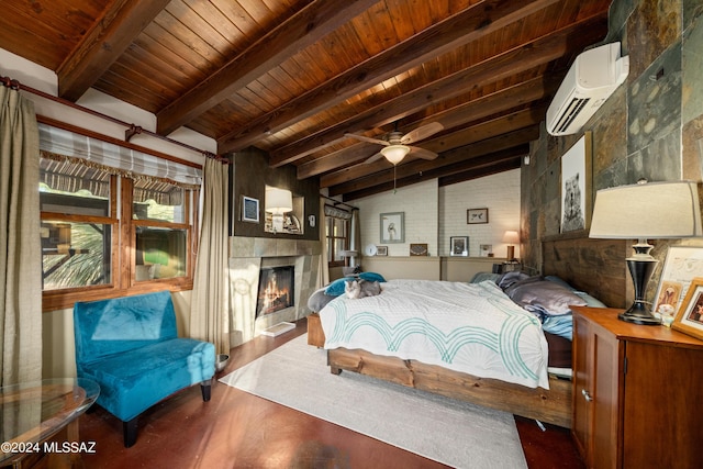 bedroom with wood ceiling, a wall mounted air conditioner, lofted ceiling with beams, a tile fireplace, and hardwood / wood-style floors