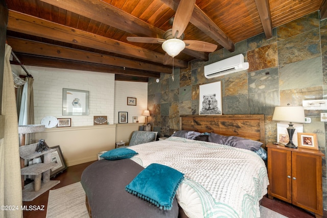 bedroom with beamed ceiling, hardwood / wood-style flooring, wood ceiling, and a wall unit AC