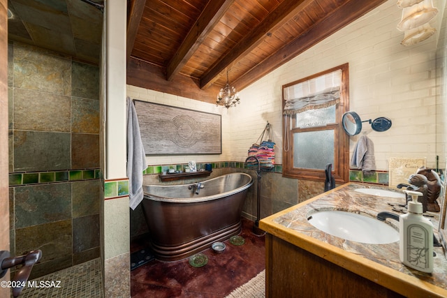 bathroom with a bathing tub, vaulted ceiling with beams, vanity, and wood ceiling