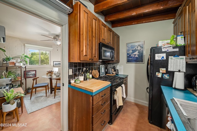 kitchen with tasteful backsplash, ceiling fan, beam ceiling, and black appliances