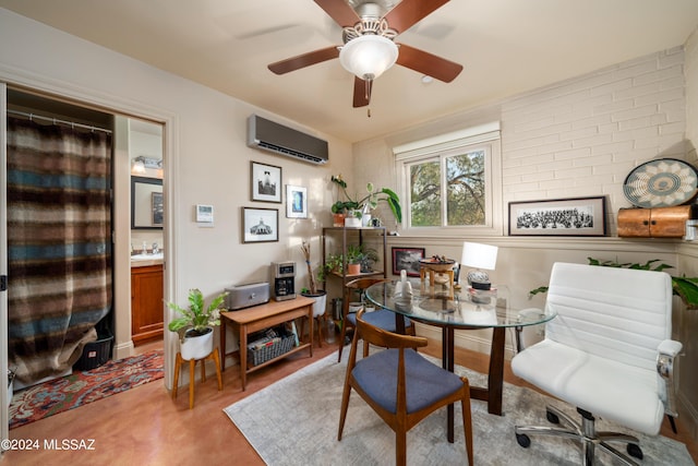 dining area with a wall mounted air conditioner and ceiling fan