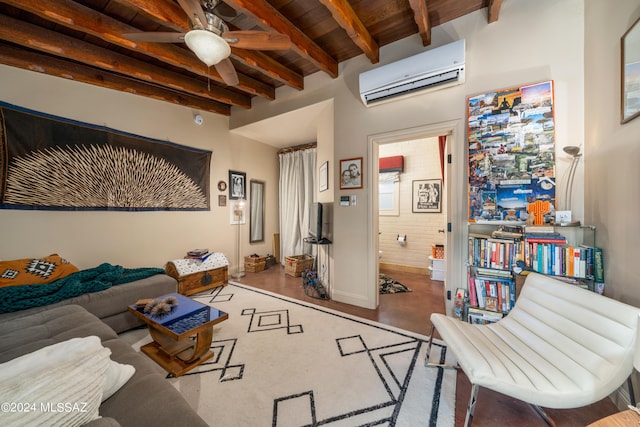 living room with a wall mounted air conditioner, wooden ceiling, beamed ceiling, and ceiling fan