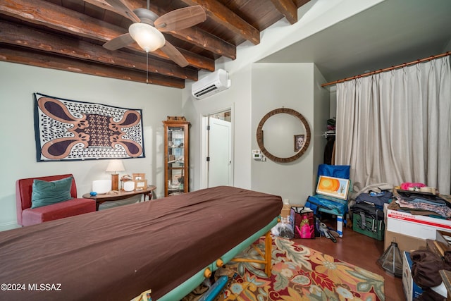 bedroom with a wall mounted air conditioner, wood ceiling, beamed ceiling, and ceiling fan