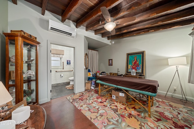 recreation room featuring beam ceiling, a wall mounted air conditioner, wood ceiling, and concrete floors