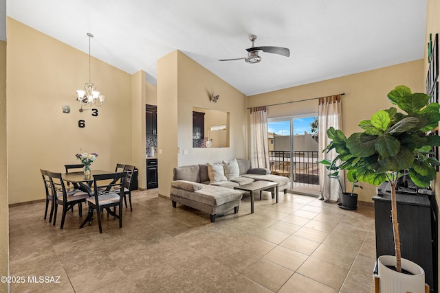 living room featuring light tile patterned floors, ceiling fan with notable chandelier, and vaulted ceiling