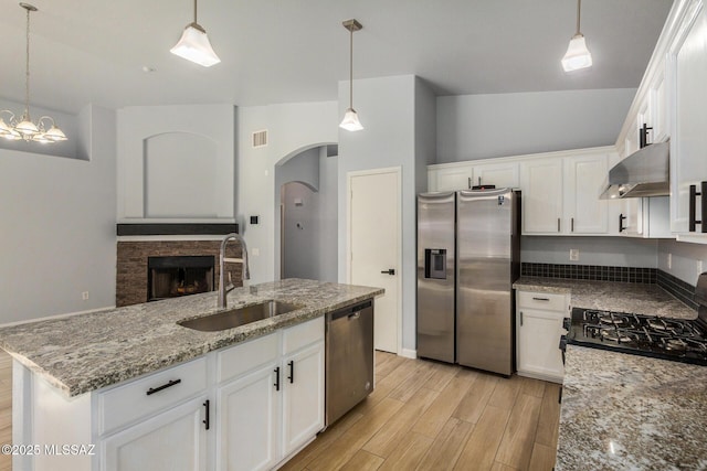 kitchen with appliances with stainless steel finishes, ventilation hood, an island with sink, white cabinetry, and sink