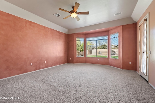 unfurnished bedroom with lofted ceiling, carpet flooring, and ceiling fan