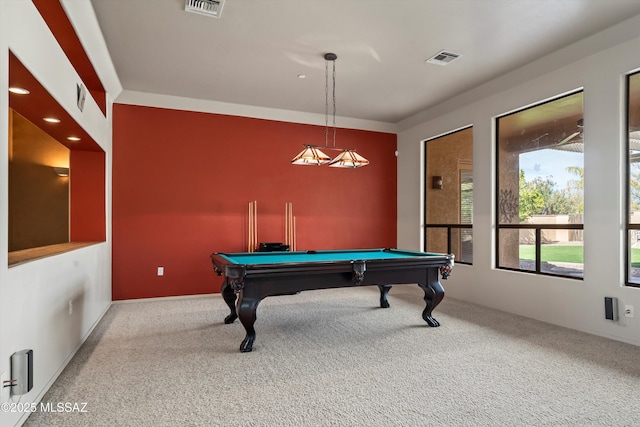 playroom with billiards and carpet floors