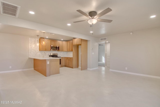 kitchen featuring appliances with stainless steel finishes, light brown cabinetry, tasteful backsplash, hanging light fixtures, and ceiling fan