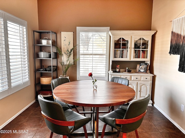 dining space featuring a healthy amount of sunlight and dark tile patterned flooring