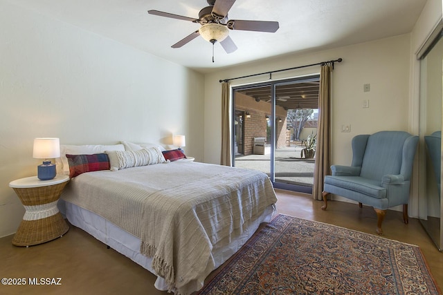 bedroom with access to exterior and a ceiling fan