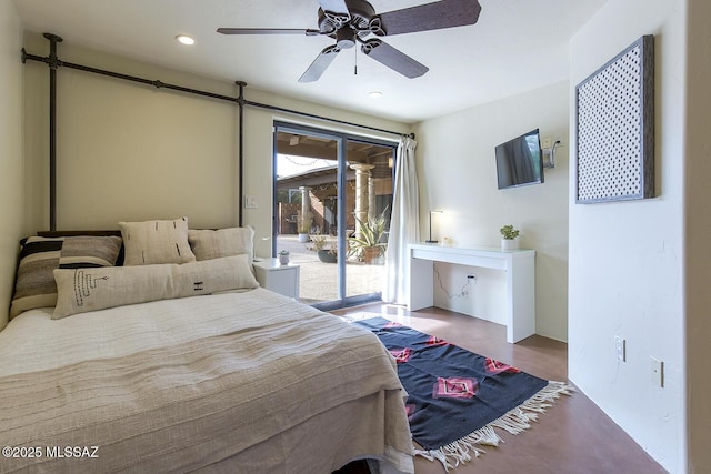 bedroom featuring access to outside, a ceiling fan, and recessed lighting