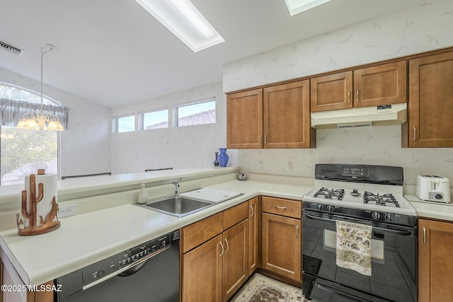 kitchen featuring sink, gas range, an inviting chandelier, hanging light fixtures, and black dishwasher