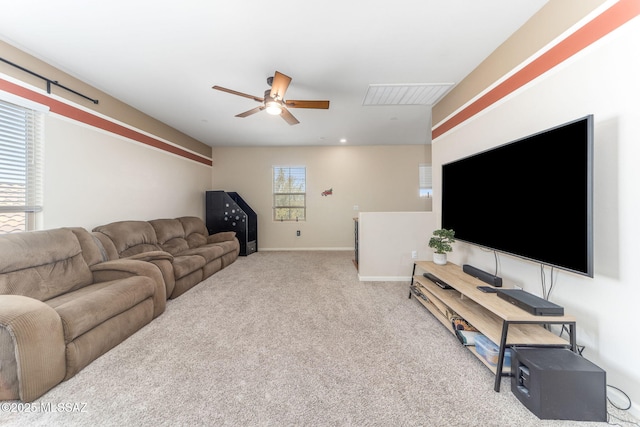 living room featuring light colored carpet and ceiling fan