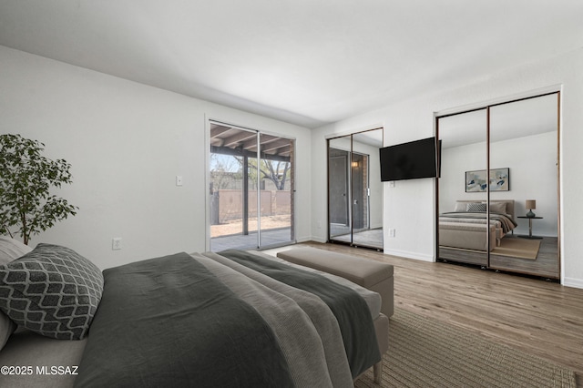 bedroom with multiple closets, access to exterior, wood finished floors, and baseboards