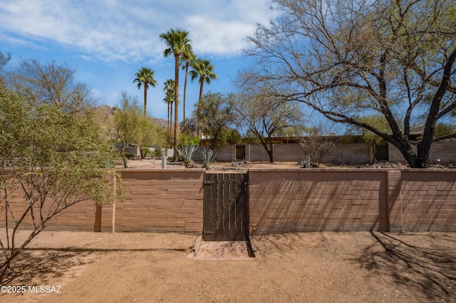 view of yard with a fenced front yard and a gate