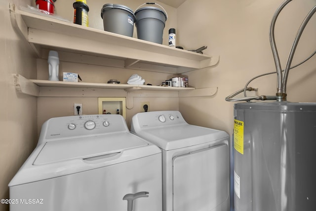 laundry area with water heater and washer and dryer