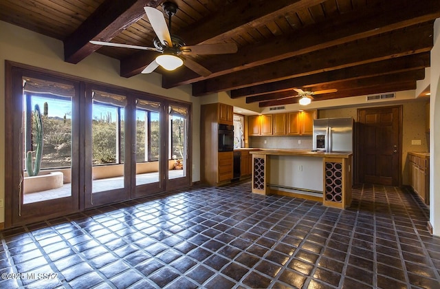 kitchen with ceiling fan, oven, wood ceiling, and stainless steel refrigerator with ice dispenser