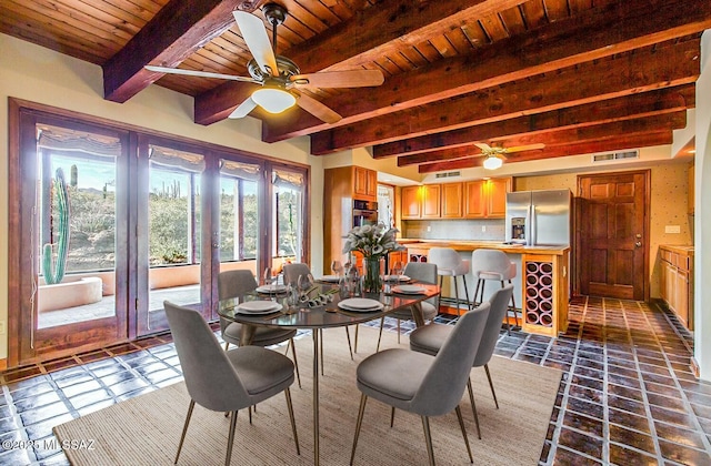 dining space with beamed ceiling, ceiling fan, and wooden ceiling