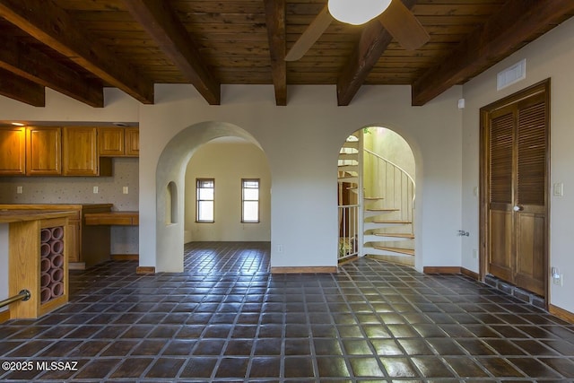 interior space featuring wooden ceiling and beam ceiling