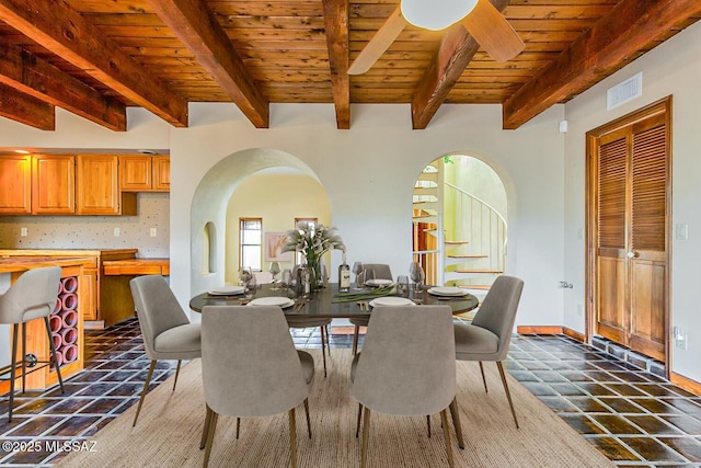 dining space featuring wooden ceiling and beam ceiling