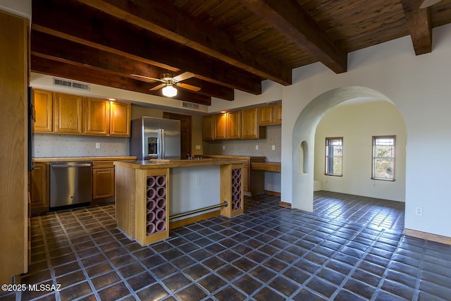 kitchen with a kitchen island, backsplash, ceiling fan, stainless steel appliances, and wooden ceiling