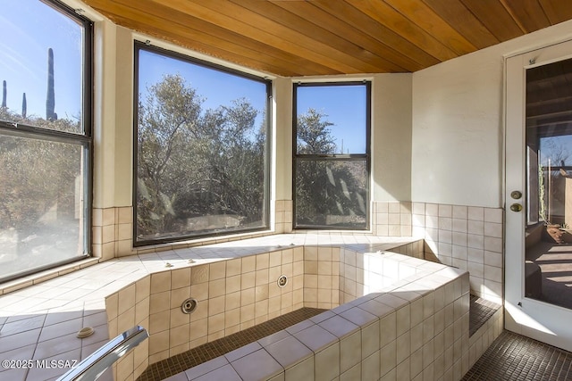 bathroom with wooden ceiling