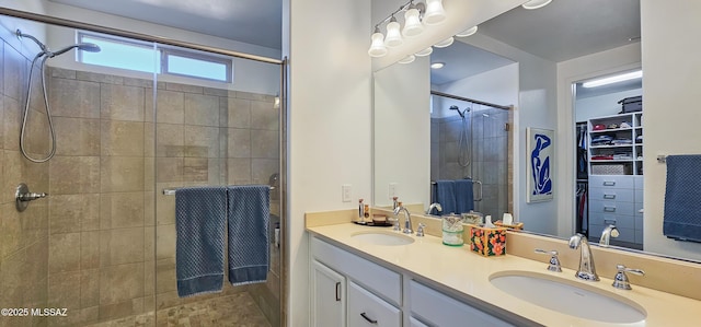 bathroom featuring vanity and an enclosed shower